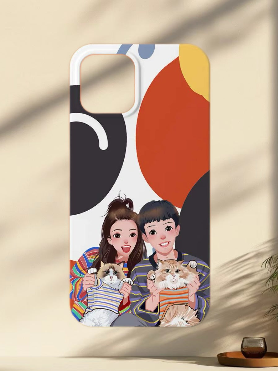 Custom Family & Pet Portrait Phone Case | Personalized Hand-Drawn Cartoon Design from Photo